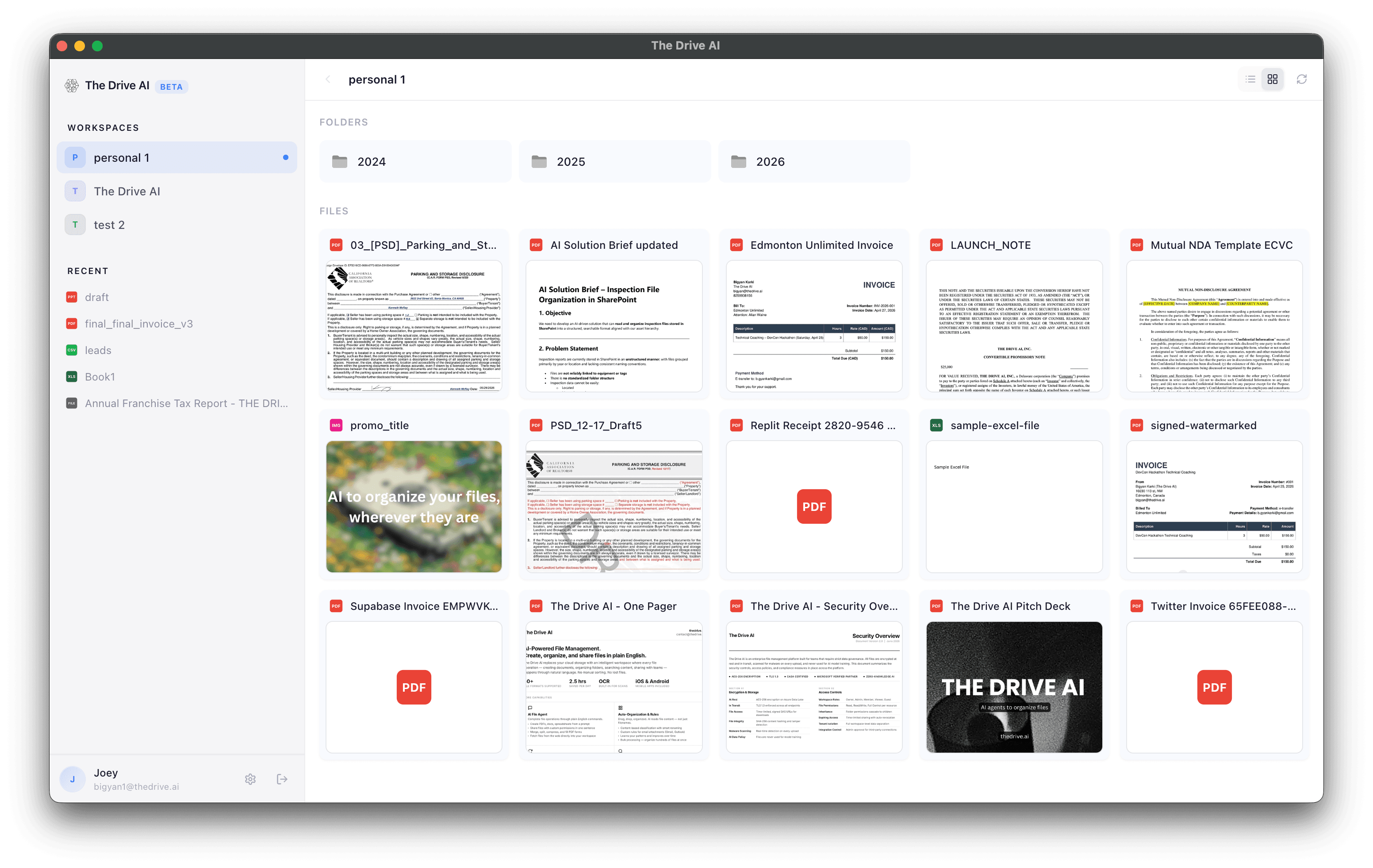The Drive AI desktop app showing workspace files and folders