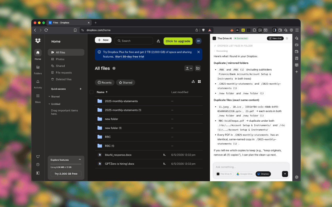 The Drive AI extension running inside Dropbox with dark theme