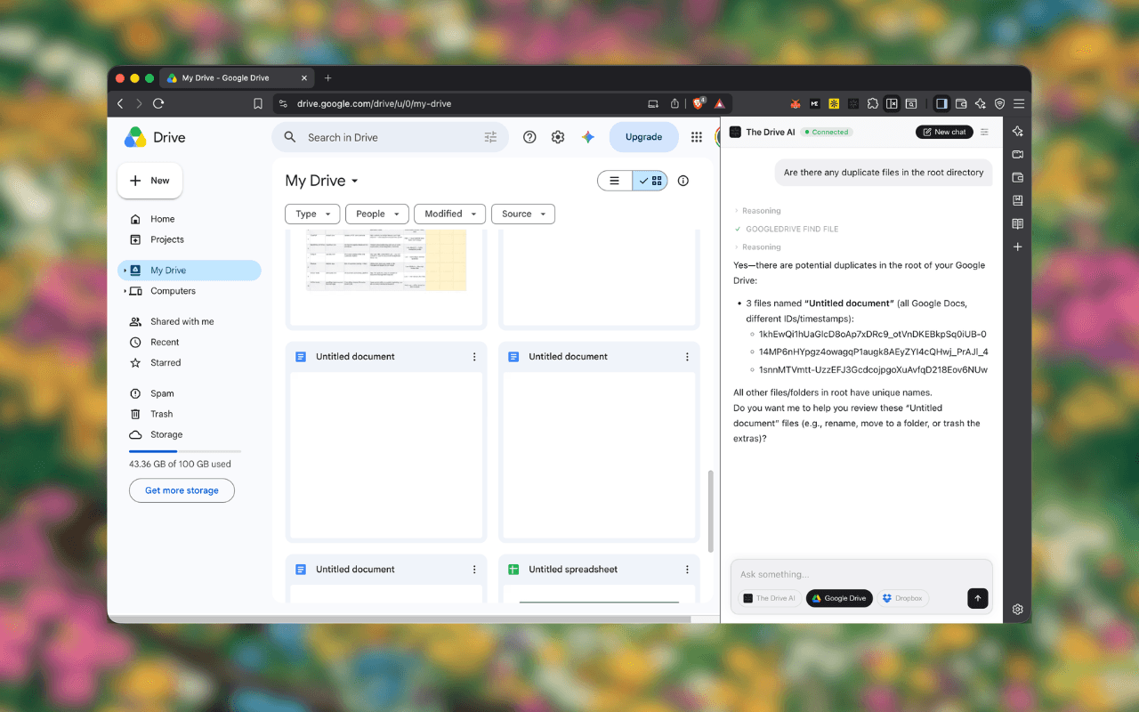 The Drive AI extension running inside Google Drive with AI chat sidebar